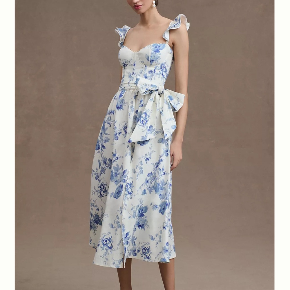 V. Chapman Vera Ruffle-Strap Corset Side-Slit Midi Dress